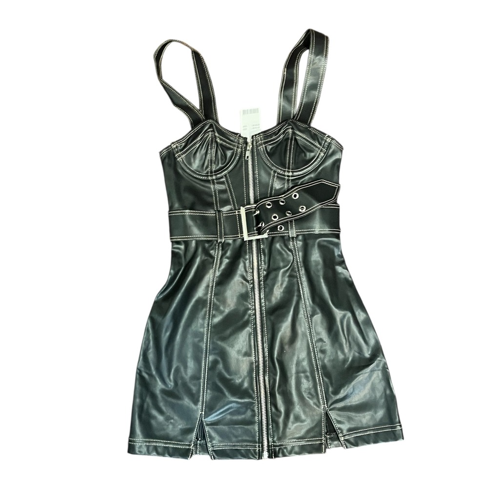 Urban Outfitters Faux Leather Corset Mini Dress Black Contrast Stitch Belted NEW